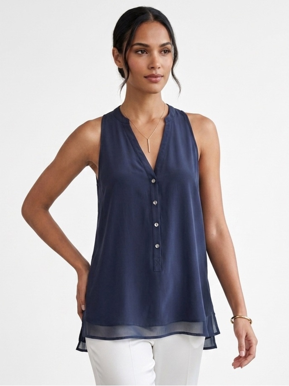 Zoa New York Sleeveless Navy Button‑Front V‑Neck Blouse – Size S (NWOT)